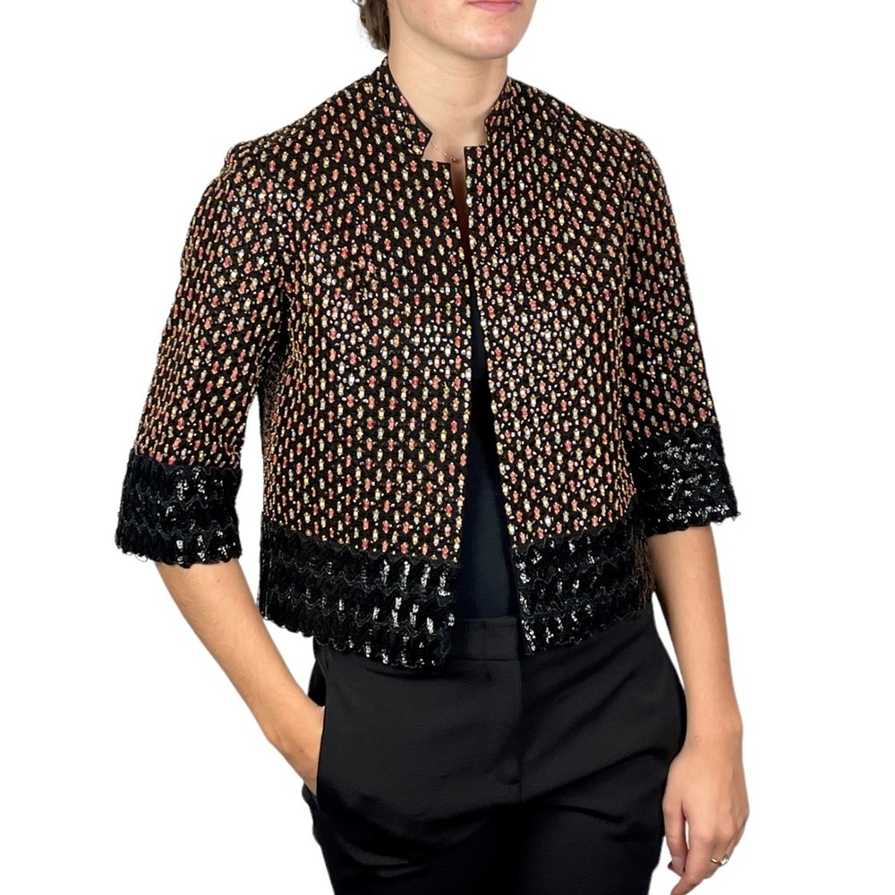 VINTAGE 60s SEQUIN BEADED SOUTACHE EMBROIDERED PAISLEY BLACK SHAWL JACKET ODETTE